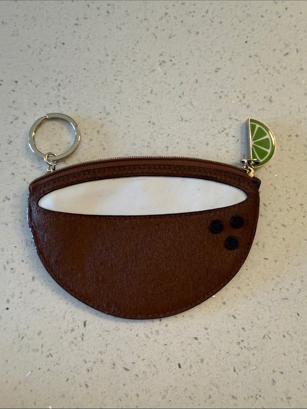 kate spade Brown and White Coconut Coin Pouch with Lime Charm